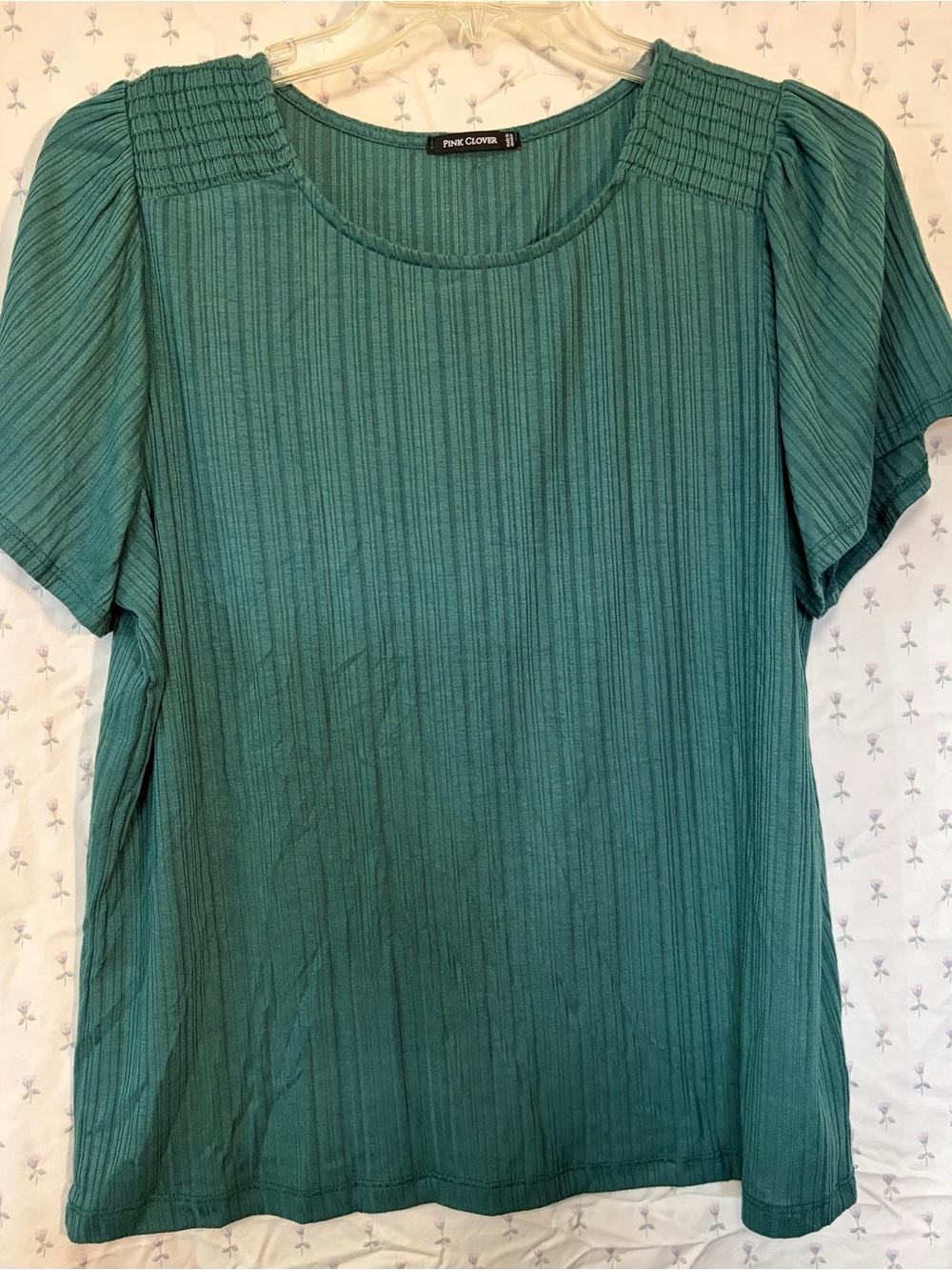 Pink Clover Teal Ribbed Short Sleeve Blouse